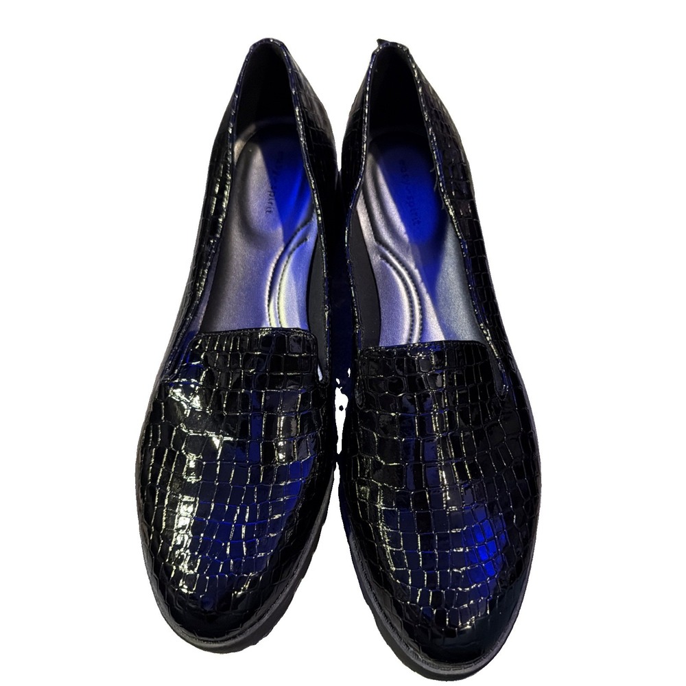NEW Easy Spirit Womens 9.5M Black Croc Patent Loafers Chunky Lug Sole Shoes